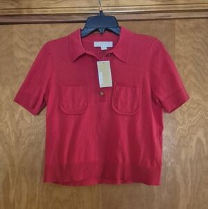 MICHAEL Michael Kors Persimmon 1/4 Front Button Short Sleeve Polo Sweater,Size M